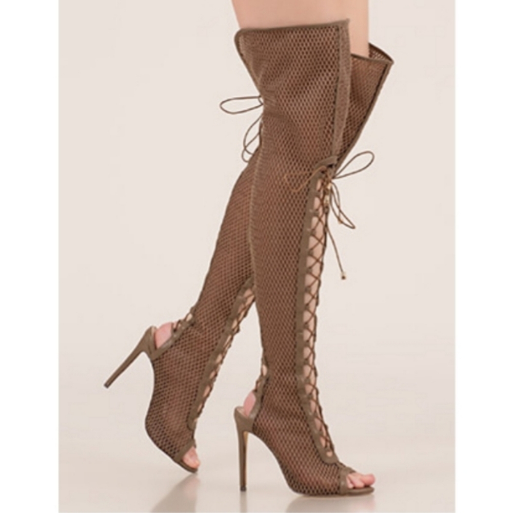 LACE UP MESH THIGH HIGH BOOTS